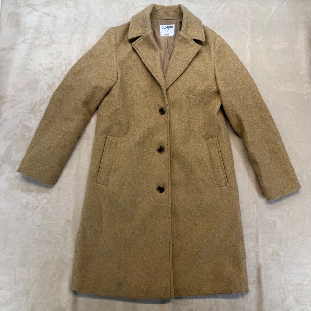 Old Navy Car Coat Women Small Tan Camel Brown 3-Button Long Sleeve Notched Lapel